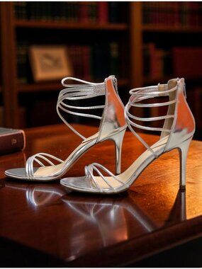Strappy Metallic Silver High Heel Sandals With Ankle Strap Closure - Womens